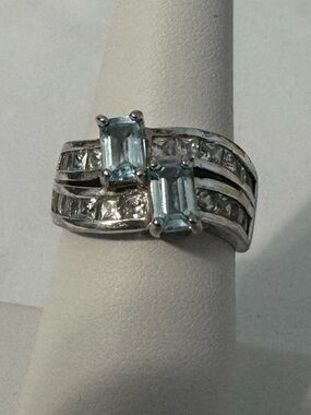 Vintage **925 Sterling Silver Blue Topaz Style & CZ Ring Size 7 KJ MakerMark